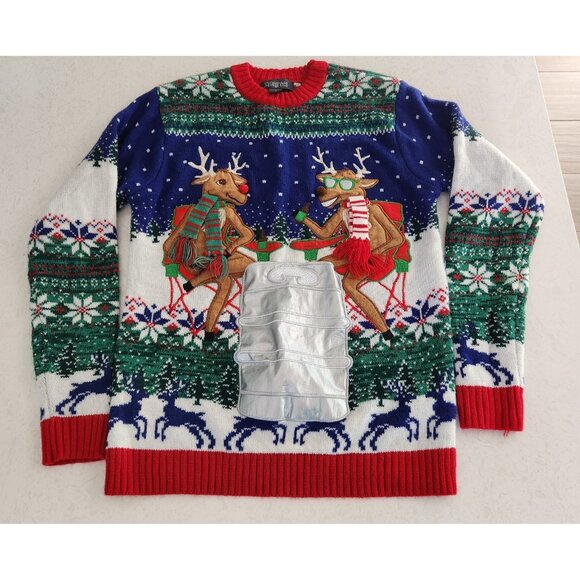 Ugly Christmas Sweater 33 Degrees Holiday Reindeer Beer Bottle Pocket Small EUC - Picture 3 of 9